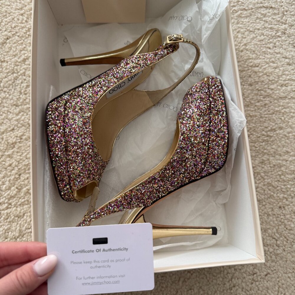 Jimmy Choo Multicolor Glitter Peep Toe Heels